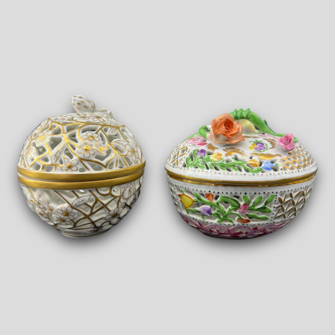 Antique Lot of 2 Herend Hungary Floral Lidded Reticulated Porcelain Jars (1 of 4)