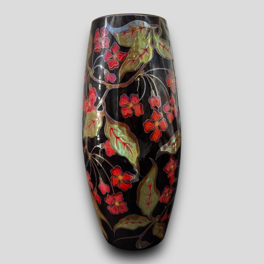 Antique Zsolnay 1307 Hand Painted Porcelain Vase: Antique Zsolnay 1307 Hand Painted Vase. Signed on bottom: 'Estb. 1852. Zsolnay Eosineous Ceramics. Unique In the World. Hand-Painted. Hungary. 1307. Bodisue.' Interior and base are a bright scarlet re