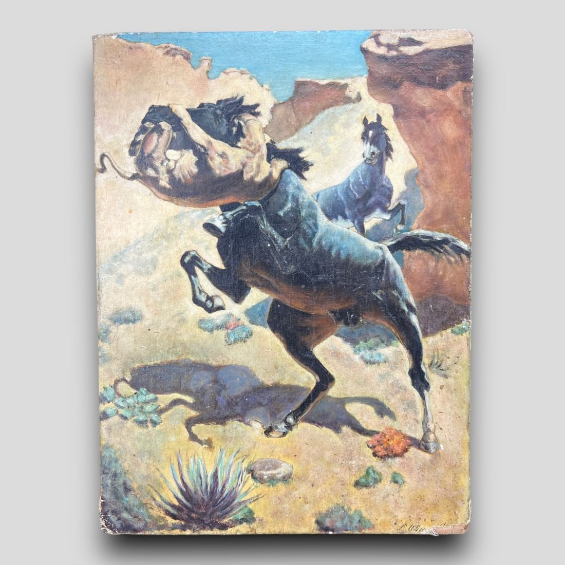 Antique Oil Painting Mountain Lion Horses (1 of 5)