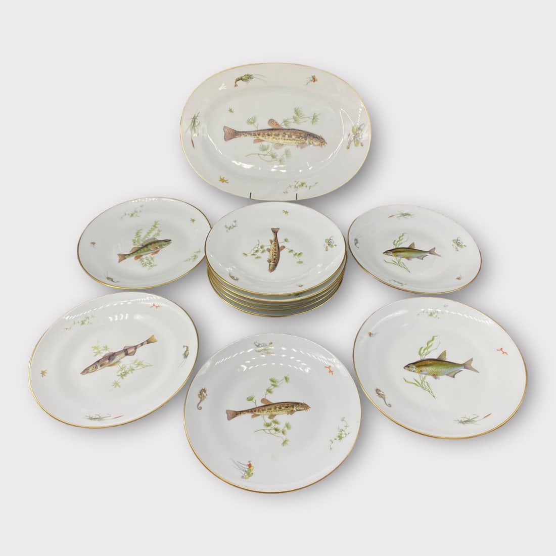 Antique Richard Ginori Italian Set of 10 Porcelain Fish Plates & 1 Platter (1 of 9)