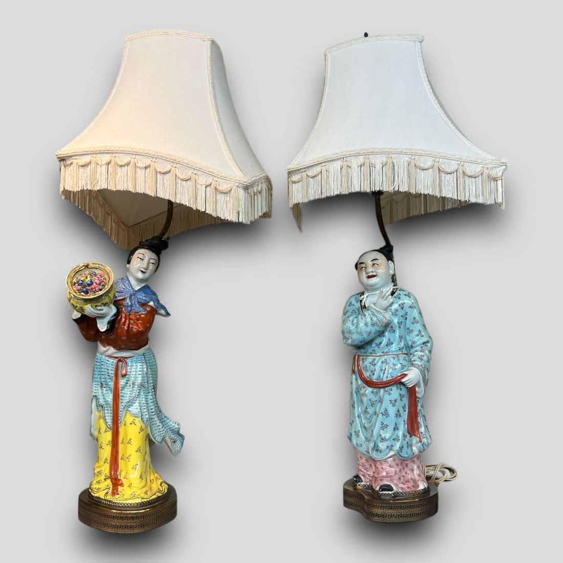 Antique Pair of Large Porcelain Oriental Figural Lamps (1 of 11)