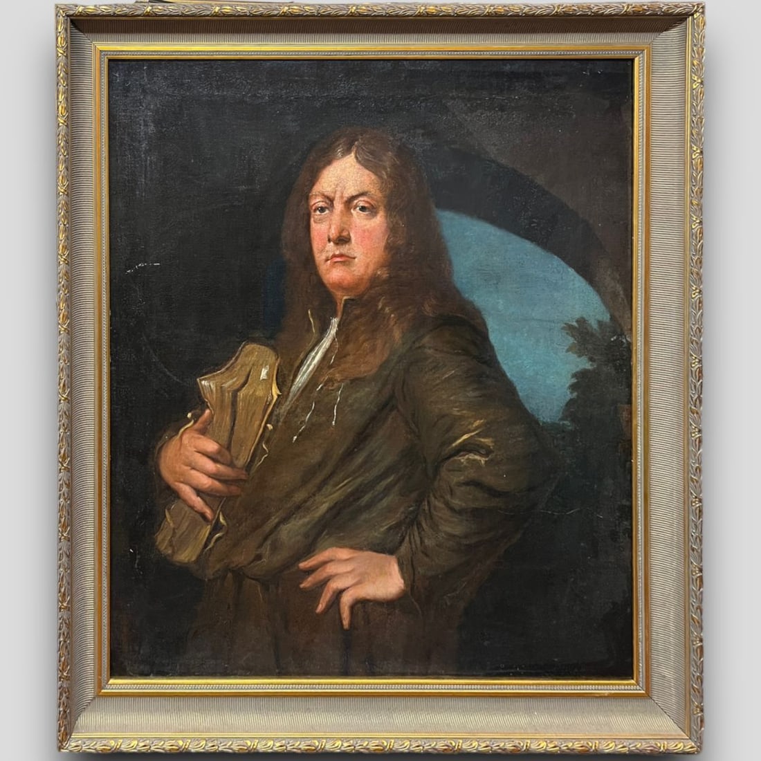 Antique Large Framed Oil Painting Portrait Man Holding Book (1 of 5)