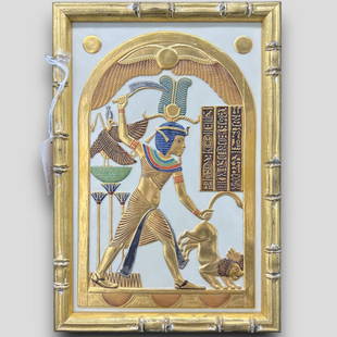 Vintage Egyptian Boehm Porcelain Plaque: Vintage Egyptian Boehm Porcelain Plaque . Made in U.S.A. Votive Shield Relief. Tc.28. Number 137. 'Egypt Salutes. The United Sates' Bicentennial With the Exhibition of The Treasures of Tutankhamun.'