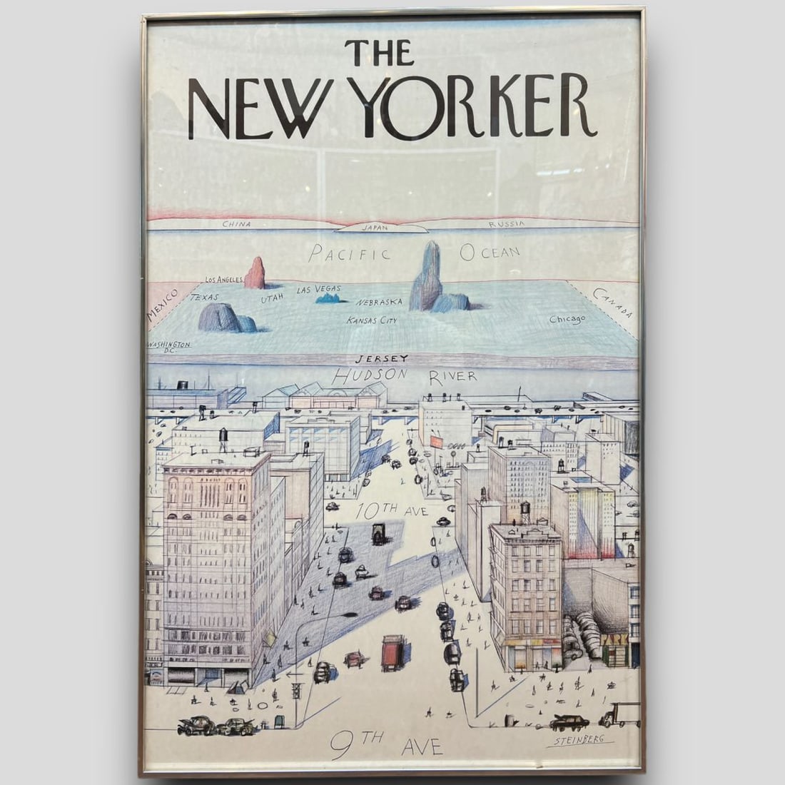 The New Yorker 'View of the World from 9th Ave' Saul Steinberg (American, 1914-1999): The New Yorker 'View of the World from 9th Ave' by Saul Steinberg (American, 1914-1999). Framed. Signed bottom right.