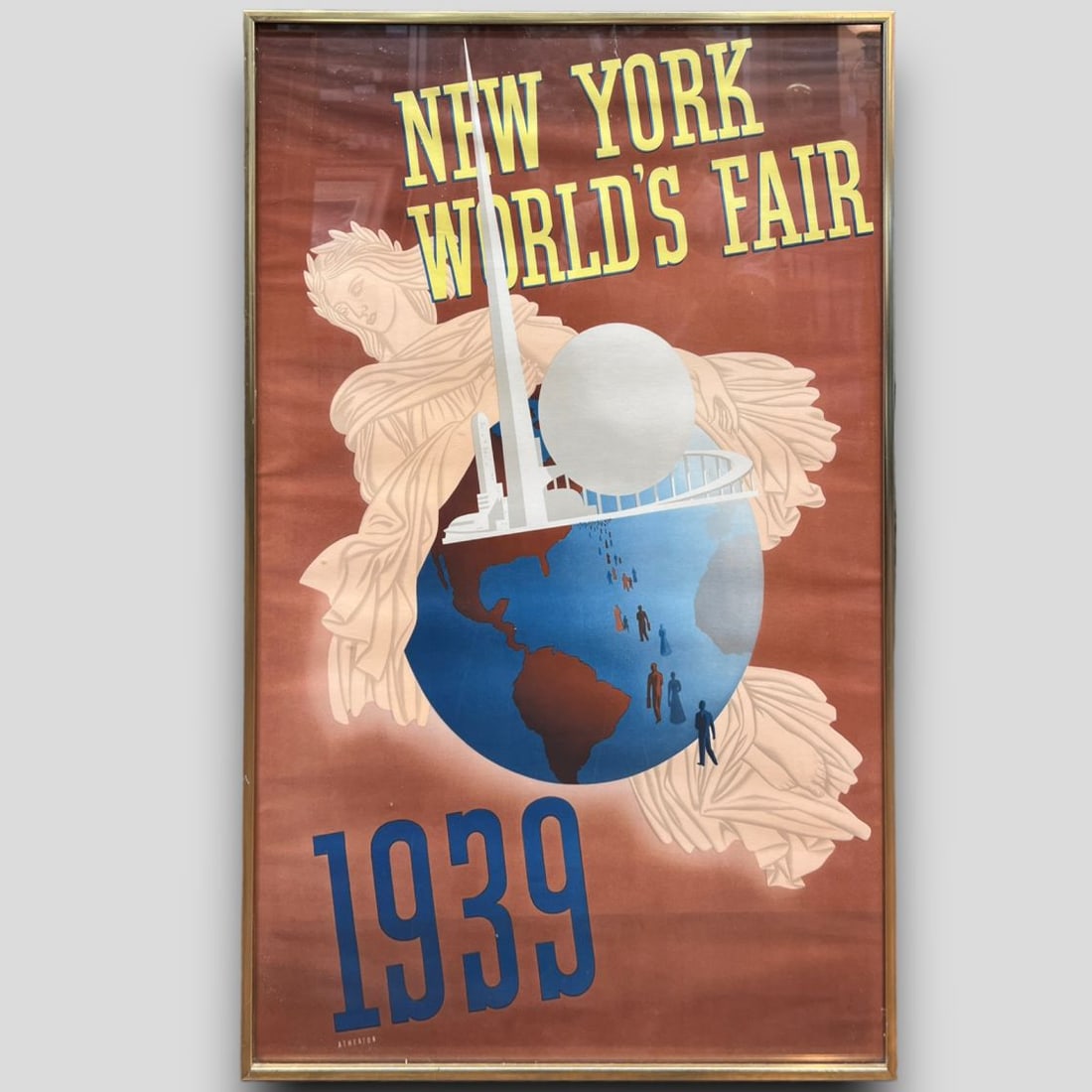 New York World's Fair 1939 Poster by John Atherton (American, 1900-1952): New York World's Fair 1939 Poster by John Atherton (American, 1900-1952). Framed. Marked Atherton under the '1' of 1939. Photomechanical lithograph.