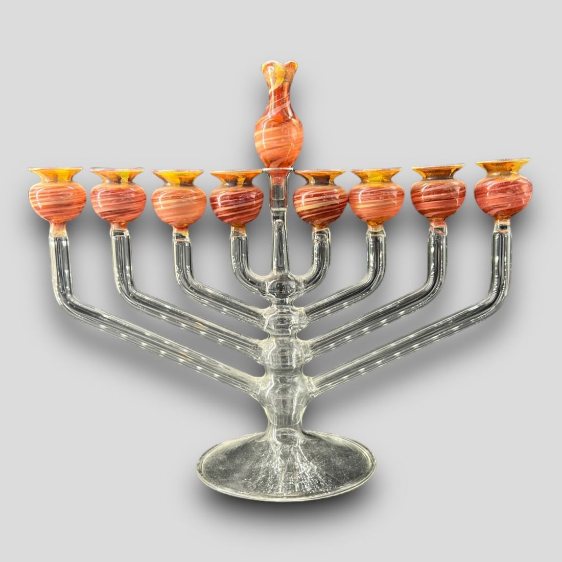 Vintage Glass Hanukkah Menorah W/ Pitcher Candle Holders: Vintage Glass Jewish Hanukkah Menorah W/ Pitcher Candle Holders. Candle holders are in the shape of water pitchers.