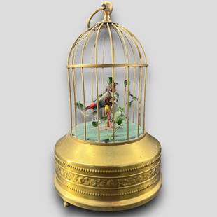 Antique Automaton Bird-Cage W/ Singing Bird: Working. Antique Automaton Bird-Cage W/ Singing Bird. Gilt brass cage.