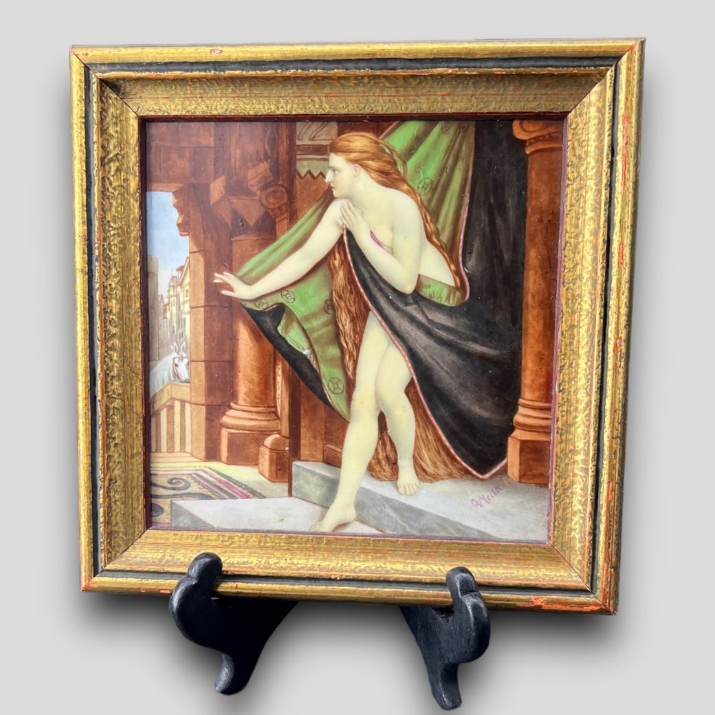 Antique Framed Hand Painted Nude Woman Porcelain Plaque Framed: Antique Framed Hand Painted Nude Woman Porcelain Plaque Framed. Artist signed on the bottom right: G. Meisel. Depicts a nude woman covering her body with what appears to be curtains. Approximate size: