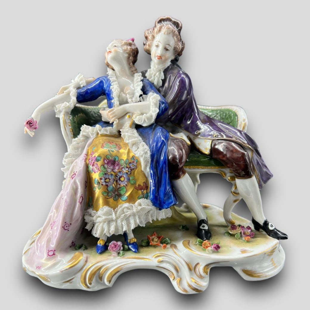 Antique Volkstedt German Porcelain Figurine of Man & Woman Seated Embracing (1 of 8)
