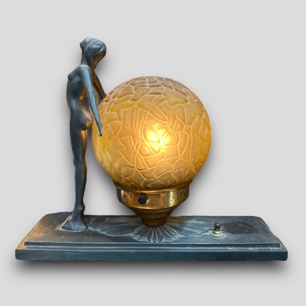 Antique Art Deco Boudoir Nude Lamp W/ Amber Glass Brain Globe Shade: Antique Art Deco Boudoir Nude Lamp W/ Amber Glass Brain Globe Shade. Unsigned. Amber glass shade with the texture of a brain. Approximate size: 9'' x 11'' x 3.5''
