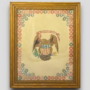 Antique American Eagle E. Pluribus Unum Postage Stamp Collage Artwork: Antique American Eagle E. Pluribus Unum Postage Stamp Collage Artwork. Frame size: 23.25 x 19.5". Painting size: 19.5 x 15.5". The border was created from postage stamps. This piece is unsigned. Appro