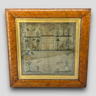 Antique 1831 Age 12 Sampler in Burl Frame: Antique 1831 Age 12 Sampler in Burl Frame. Dated 1831. Age 12. 'The lose of gold if great. The lofs of time if more. The lofs of Chrift if ruch a lofs as nothing can restore.' Burl wood frame. Approxi