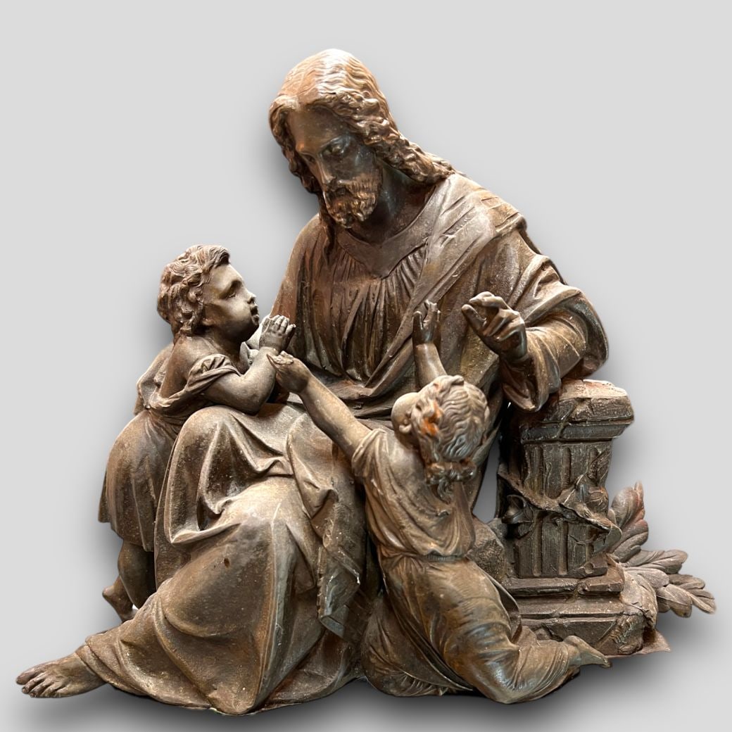 Antique Spelter Religious Jesus Christ & 2 Children Statue (1 of 7)