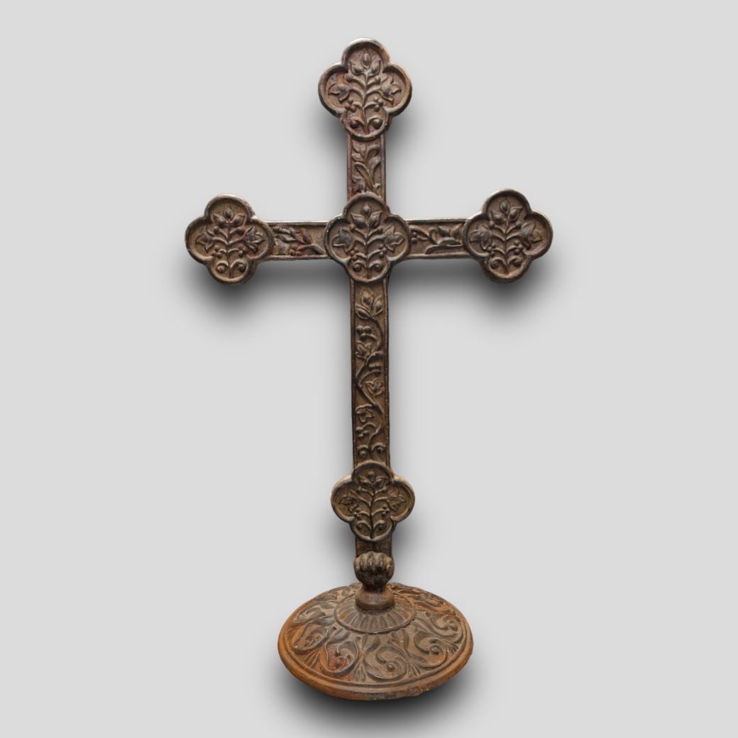 Antique Huge Cast Iron Standing Cross W/ Embossed Flower Floral Design (1 of 5)