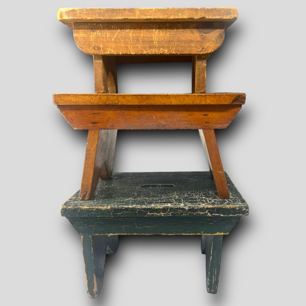 Lot of 3 Antique American Primitive Wooden Milk Paint Step Stools (1 of 6)