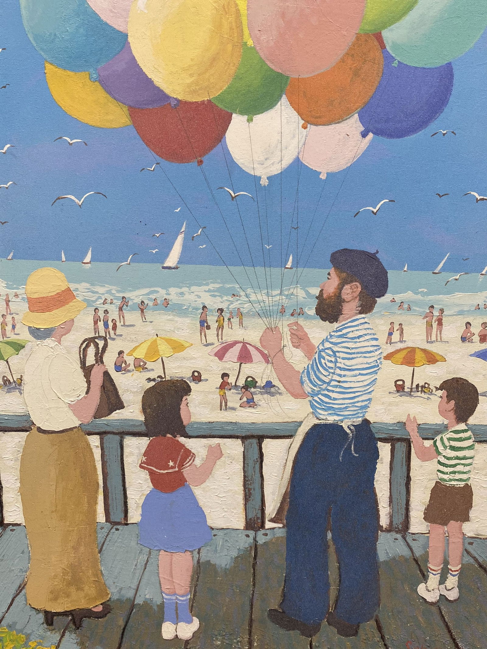 Vintage Painting Beach Scene Balloons Michel Le Savarin (American, 20th Century) (1 of 3)