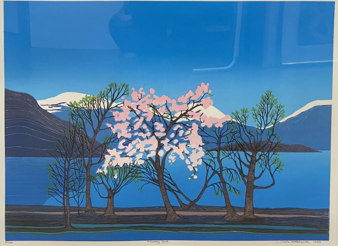 Vintage 'Flowering Fjord' by Jarle Rosseland (Norway, 1952-Present) Litho: Vintage 'Flowering Fjord' by Jarle Rosseland (Norway, 1952-Present) Litho. Frame Size: 26 X 30.5". Painting Size: 18.5 X 23.5". Signed Wilbur Streech (MS). Dated 1983. 51/150. Approximate size: 26'' x