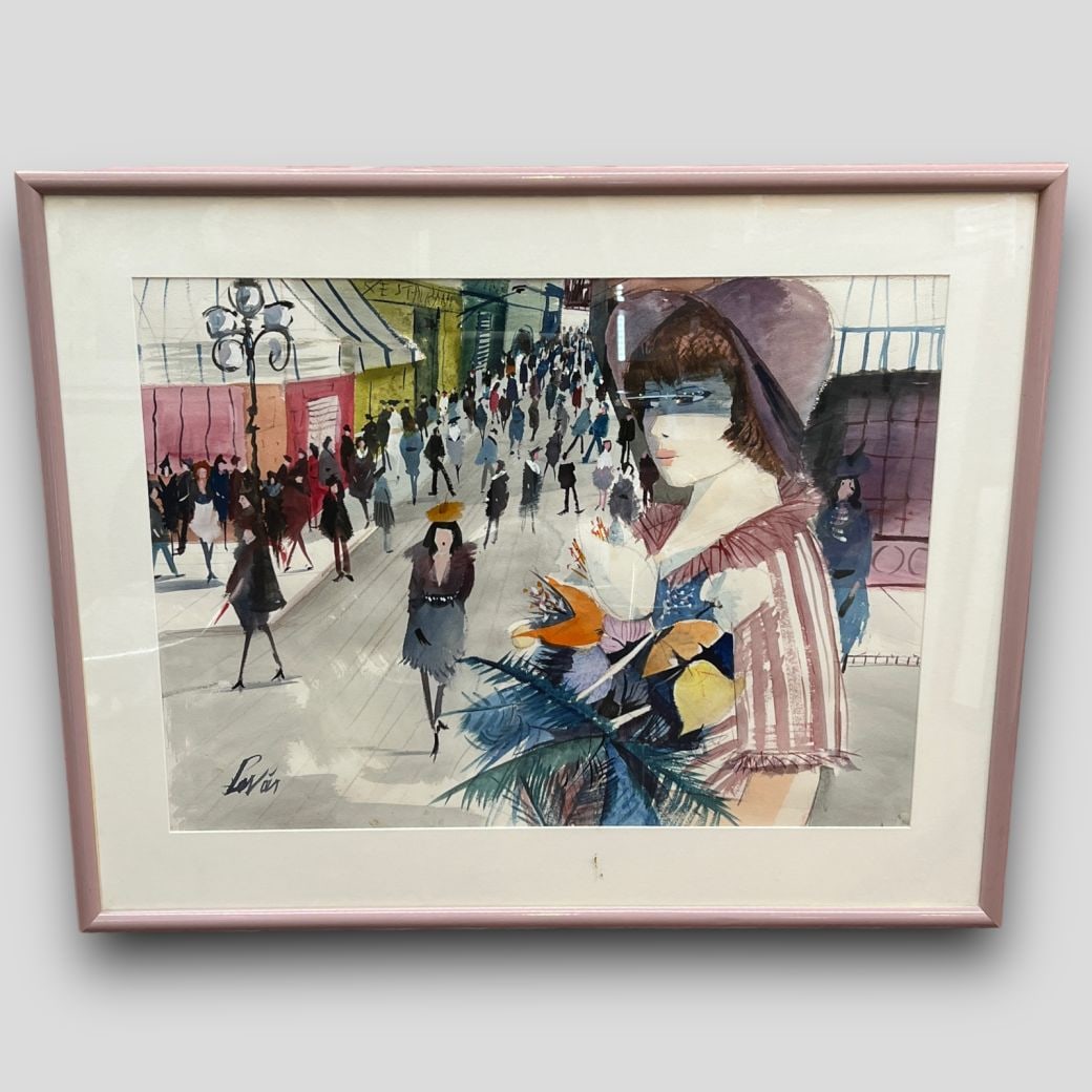 Charles Levier (French, 1920-2003) Watercolor Girl w/ Flowers: Charles Levier (French, 1920-2003) Watercolor Painting Girl w/ Flowers. Frame size: 29.5x 36.5". Painting size: 21.25 x 28.75". Signed on the bottom left. Approximate size: 29.5'' x 36.5'' x 2''