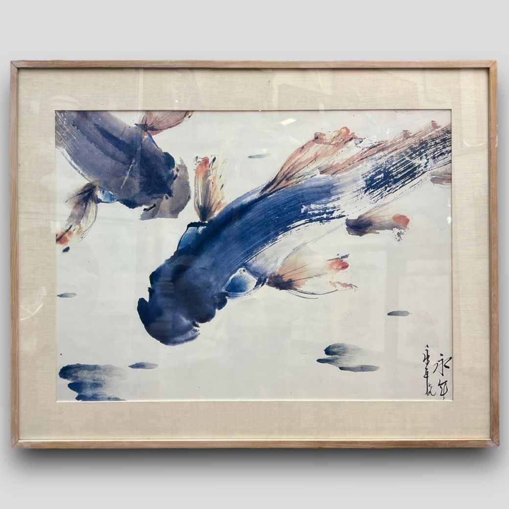 Kan Wing-Lin (Chinese, 1914-2002) Oriental Blue Fish Watercolor (1 of 4)