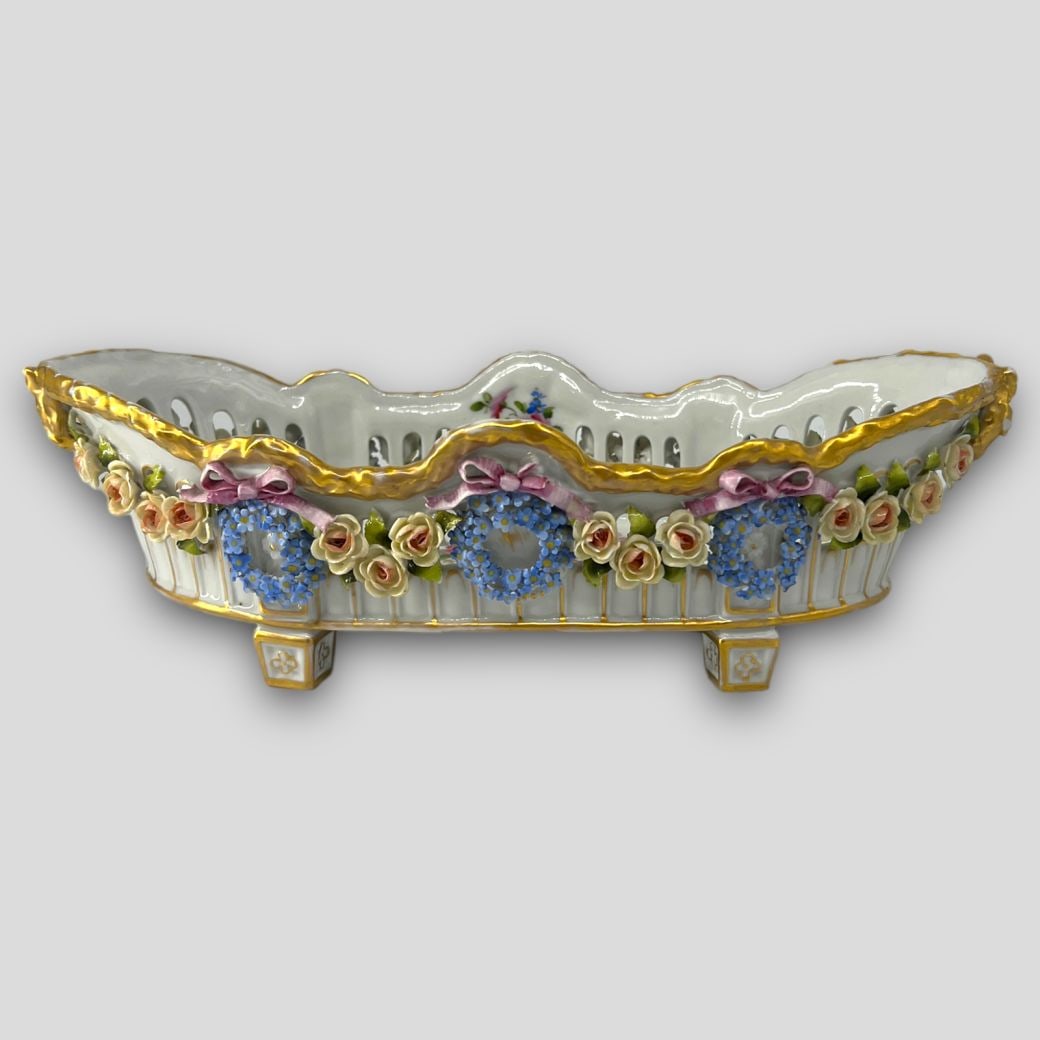 Antique German Schierhotz Porcelain Floral Gilt Tray: Antique German Schierhotz Porcelain Floral Gilt Tray. Signed on the bottom. There is damage to the bows by the flowers. Approximate size: 3.5'' x 12'' x 5.5''
