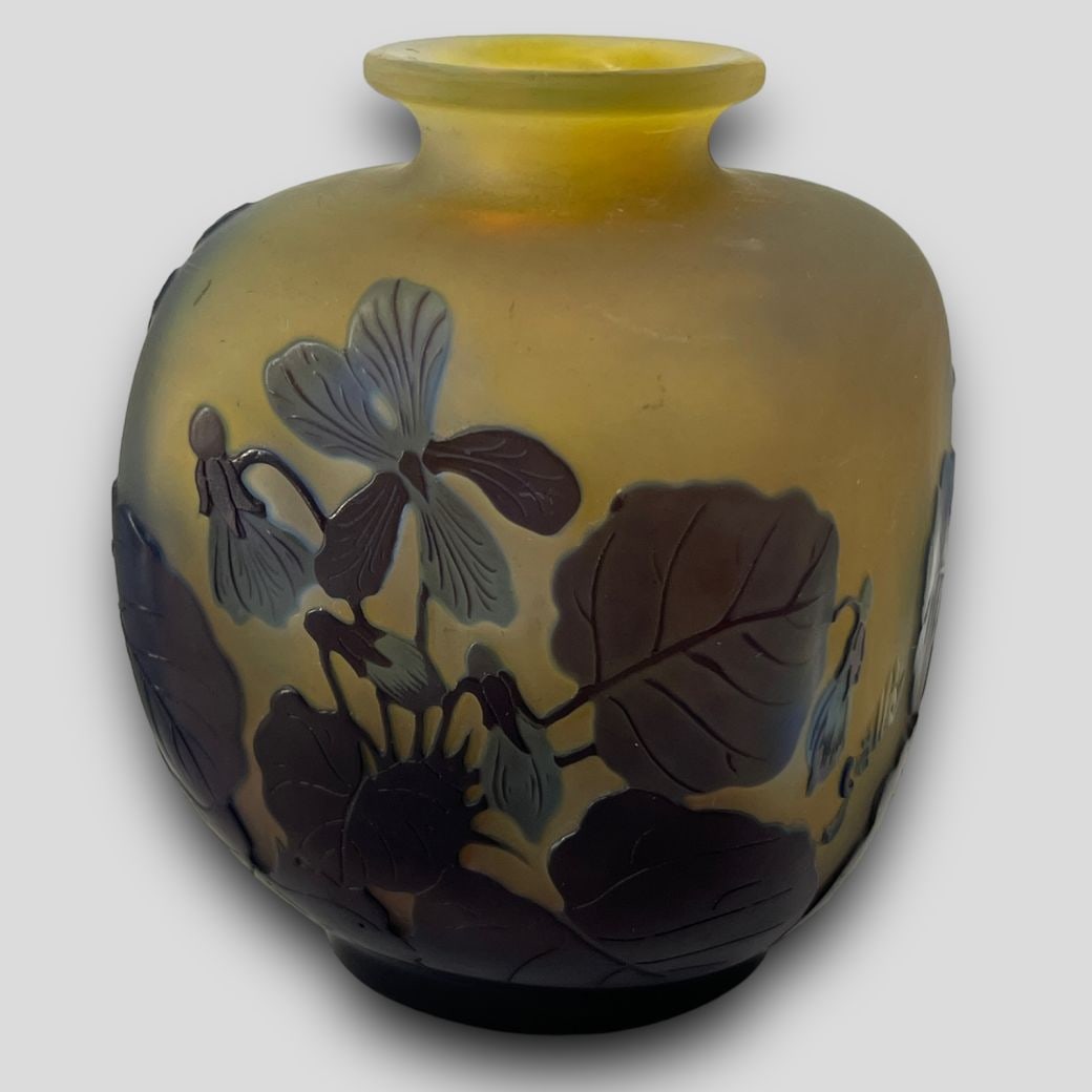 Antique Emile Galle Cameo Glass Small Floral Square Squat Vase (1 of 6)