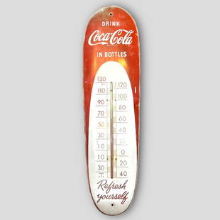 Vintage 1950's Coca Cola Coke 'Refresh Yourself' 'Drink In Bottles' Advertising Tin Thermometer: Vintage 1950's Coca Cola Coke 'Refresh Yourself' 'Drink In Bottles' Advertising Tin Thermometer. Drink in bottles.' Approximate size: 30'' x 8'' x 1''