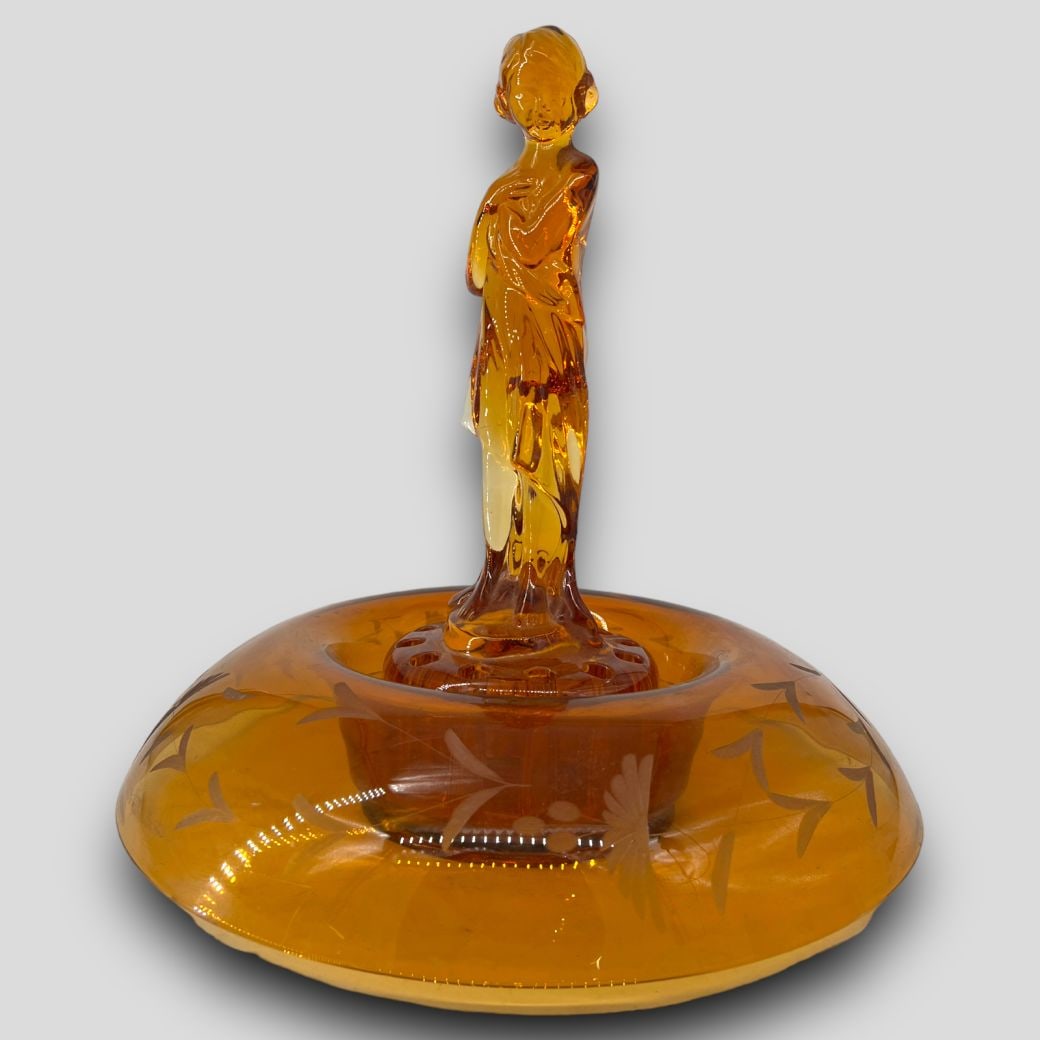 Antique Cambridge Glass 'Draper Lady' Amber Glass Flower Frog & Bowl: Antique Cambridge Glass 'Draper Lady' Amber Glass Flower Frog & Bowl. These pieces are not signed. Approximate size: 13'' x 13'' x 13.5''