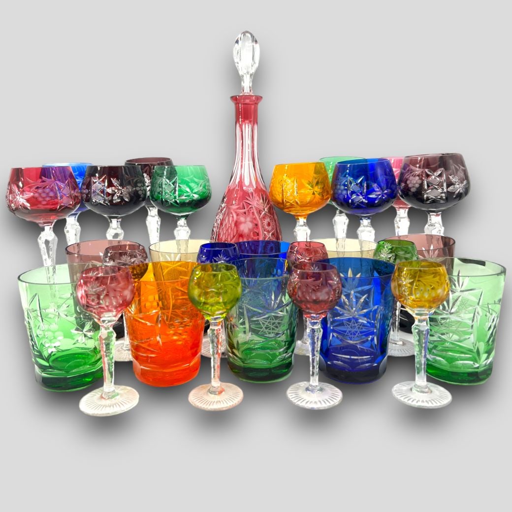Vintage Nachtmann Traube Bohemian Colorful Cut Crystal Glass Set: Vintage Nachtmann Traube Bohemian Colorful Cut Crystal Glass Set. 29 pieces. Decanter (1): 12". Wine Goblets (8): 8". Highball / Old Fashions (10): 4.2". Cordials (10): 4.75". Approximate size: 12'' x