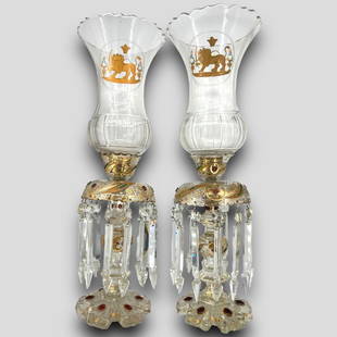 Antique Pair of Persian Crystal Lusters Candleholders: Antique Pair of Crystal Lusters Hurricane Lamps. One of the gems is missing to one of the lusters. Approximate size: 24'' x 7'' x 7''