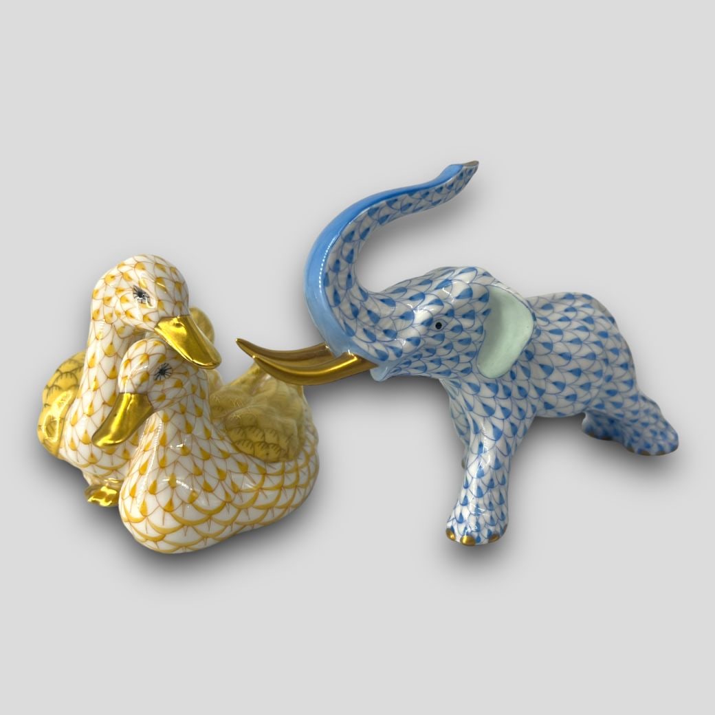 Lot of 2 Herend Elephant & Swans Fishnet Figurines (1 of 6)