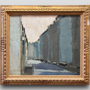 Roger Muhl (French, 1929-2008) Oil on Canvas Painting: Roger Muhl (French, 1929-2008) Oil on Canvas Painting. Frame size: 31 x 36"". Painting size: 23 x 28". On the back: 'The name of the street is Rue Raynouard, and it is in the 16th district of Paris.'