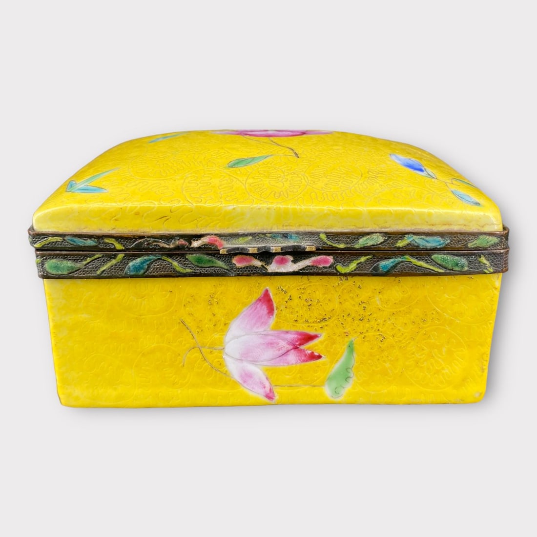 Antique Chinese Yellow & Turquoise Porcelain Box: Antique Chinese Yellow & Turquoise Porcelain Box or Jewelry casket; cloisonné rim; signed China on the bottom. Size: 4.75"x2.75"x3.25".