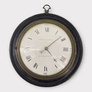 Antique English Fusee Movement Round Wall Clock 1750s: Antique English Fusee Movement Round Wall Clock; convex glass; enamel dial, signed John Loader, Basingstoke. Movement signed: Geo Clarke White Chapple. Clock diameter 6 inches.