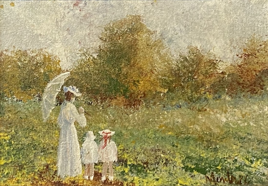 Woman w/ Children Oil Painting: Monet style oil on canvas, depciting white dressed woman and children in the park. Illegibly signed.