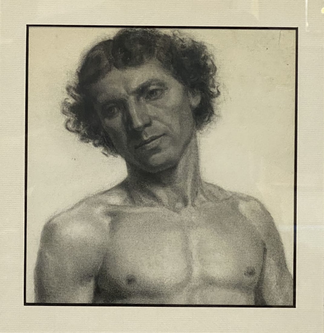 William Stenger (American 1850-1910) Study of a Male Head Drawing: William Stenger (American 1850-1910) Study of a Male Head Drawing; charcoal drawing of a nude man with curly head.