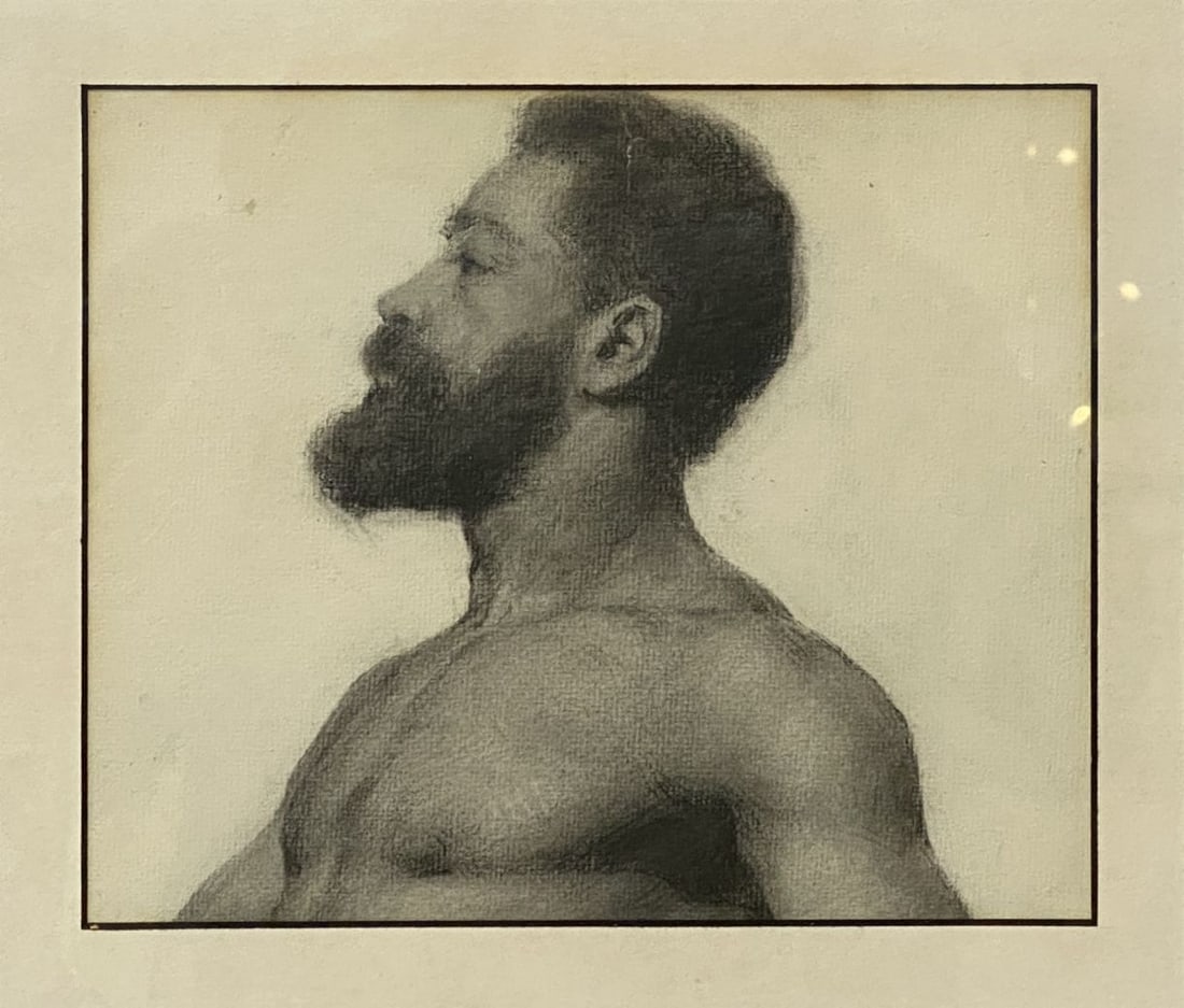 William Stenger (American 1850-1910) Study of a Male Drawing: William Stenger (American 1850-1910) Study of a Male Charcoal Drawing; depicts semi-nude bearded man.