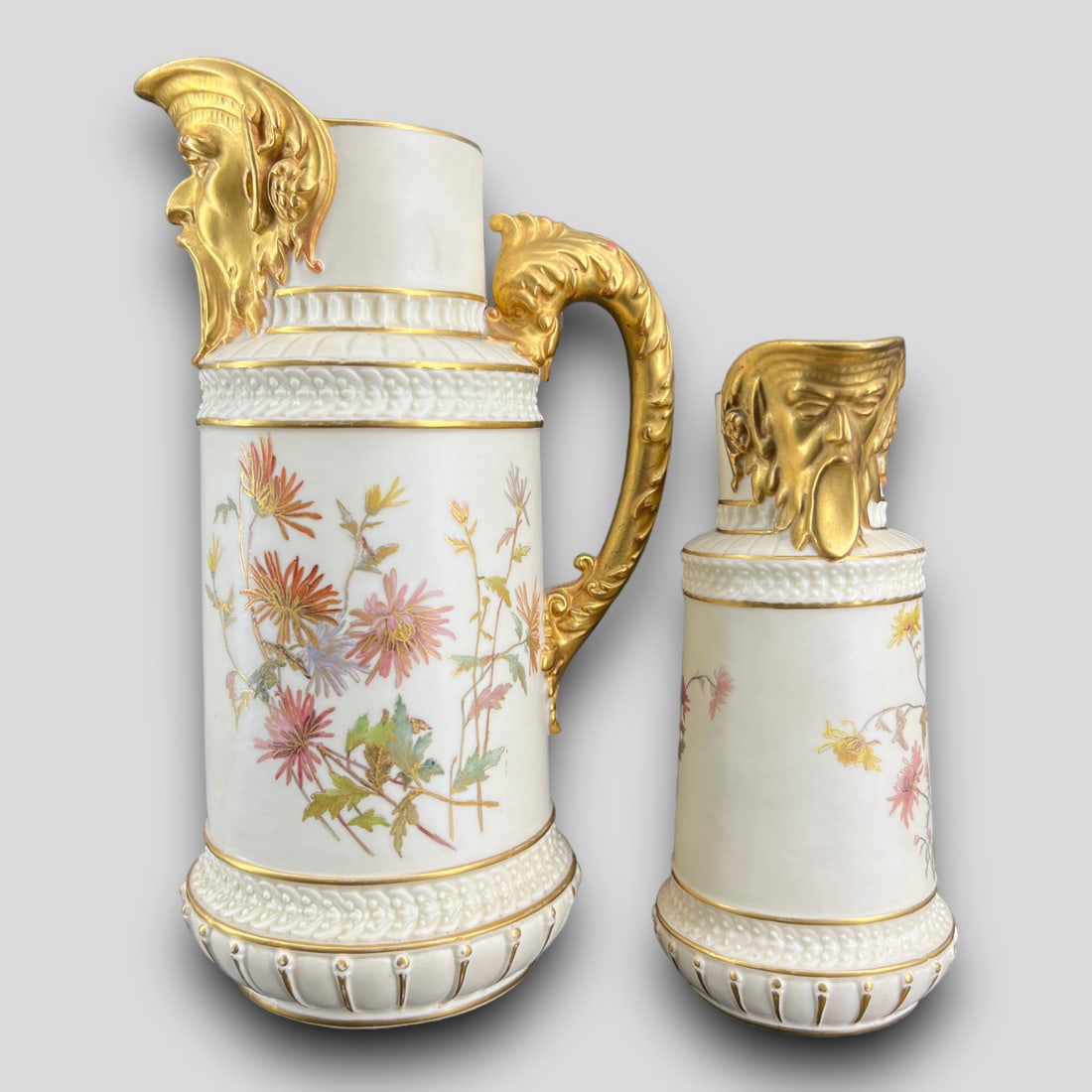 Royal Worcester #1366 Porcelain Pair of The Green Man North Wind Pitchers (1 of 5)