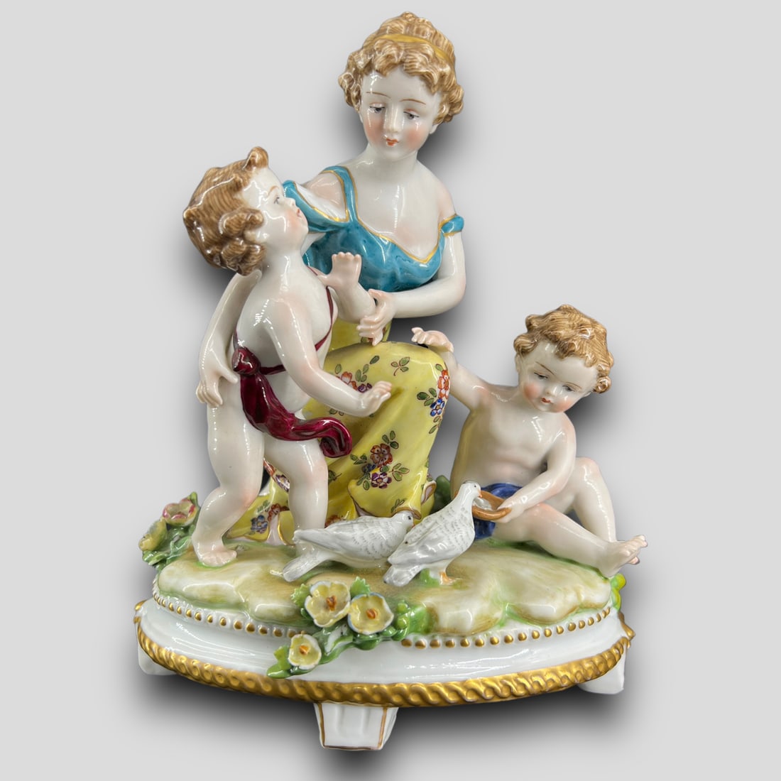 Antique Dresden Porcelain Figural Grouping Mother & 2 Children Birds (1 of 9)