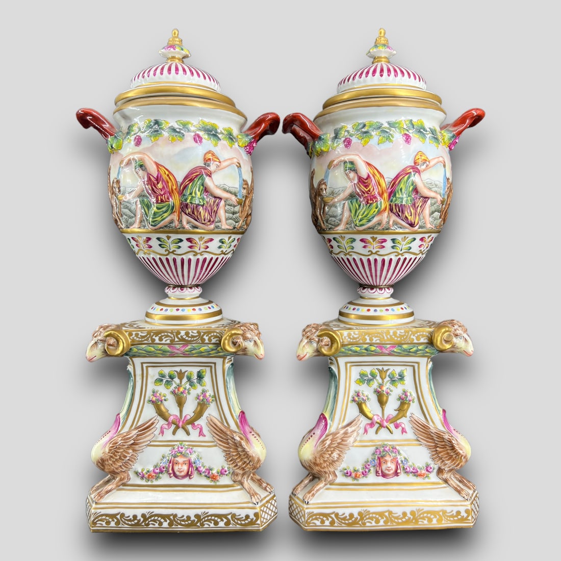 Antique Pair of Italian Capodimonte Porcelain Lidded Vases Urns (1 of 9)