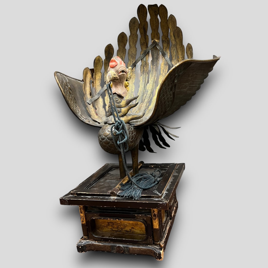 Antique Japanese Meiji Period Chicken Rooster Temple Sculpture Wooden Base (1 of 7)