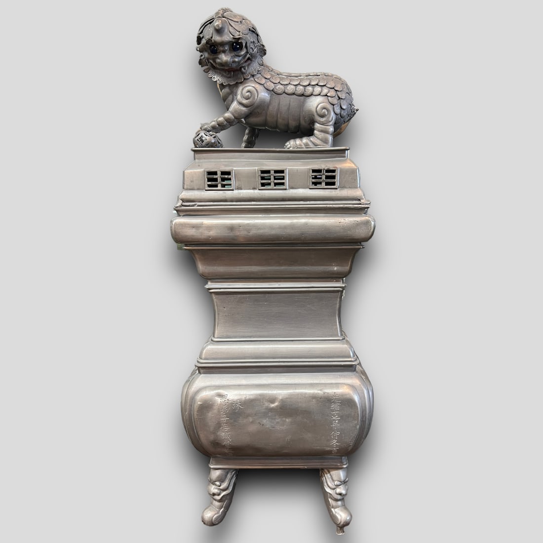 Antique Pewter Censor C. 1890 W/ Foo Dog Topper (1 of 6)