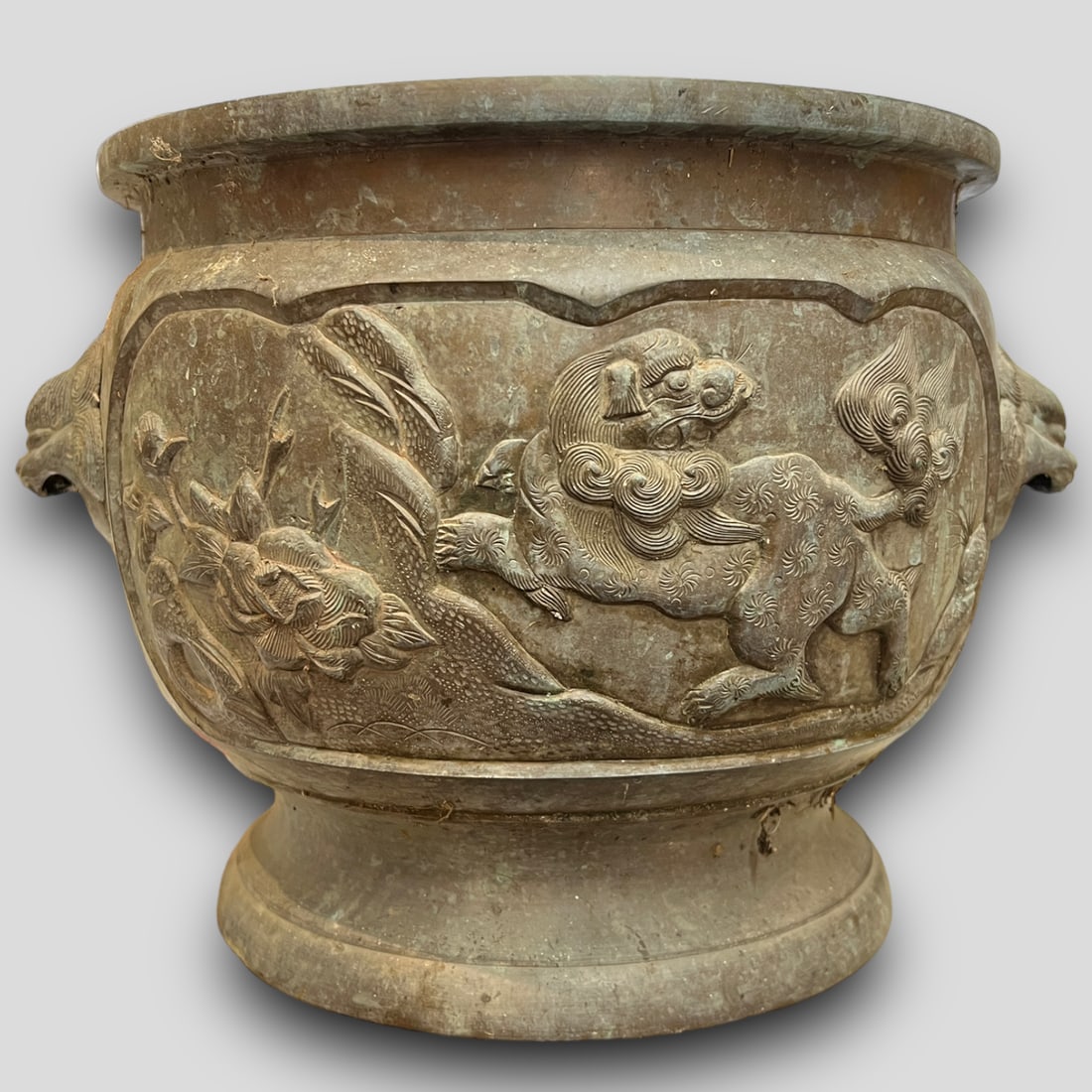 Antique Chinese Bronze Jardinierre Bowl w/ Foo Dog Handles (1 of 6)