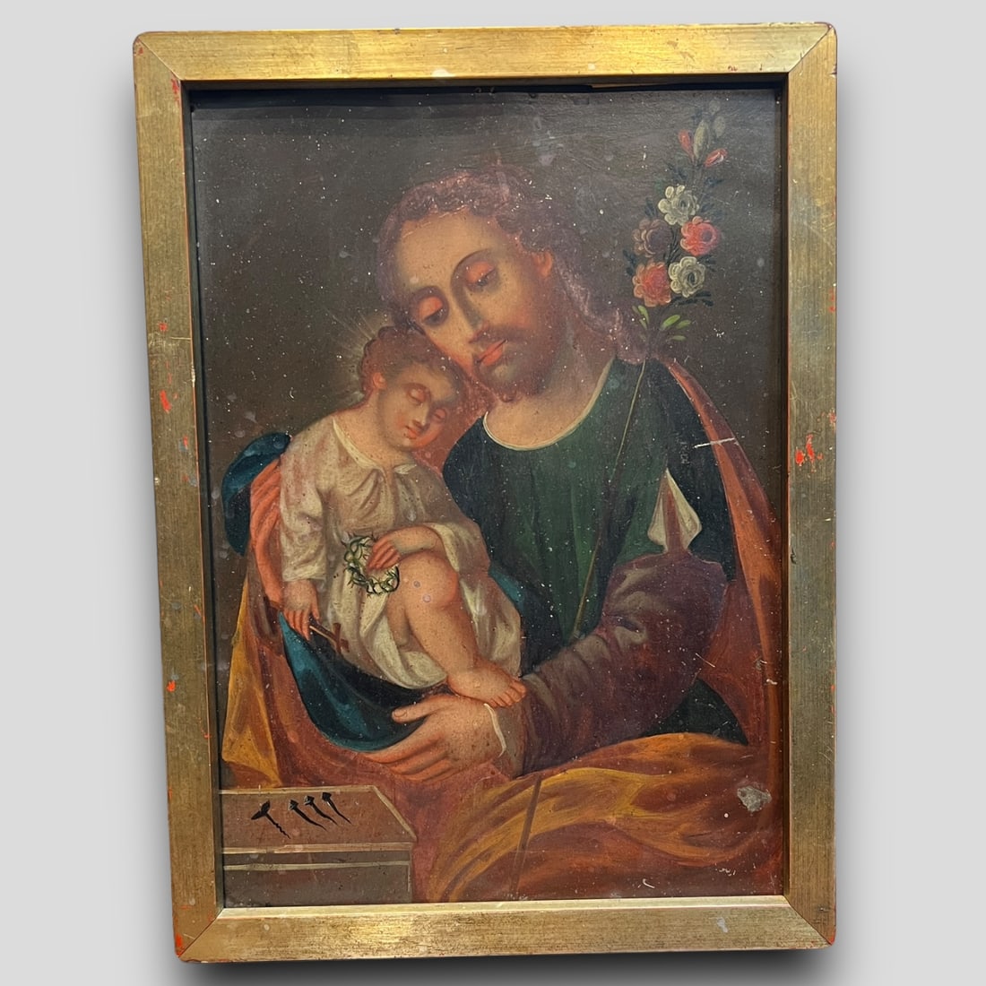 Antique Religious Icon St. Joseph With Jesus Oil Painting on Tin Framed (1 of 3)