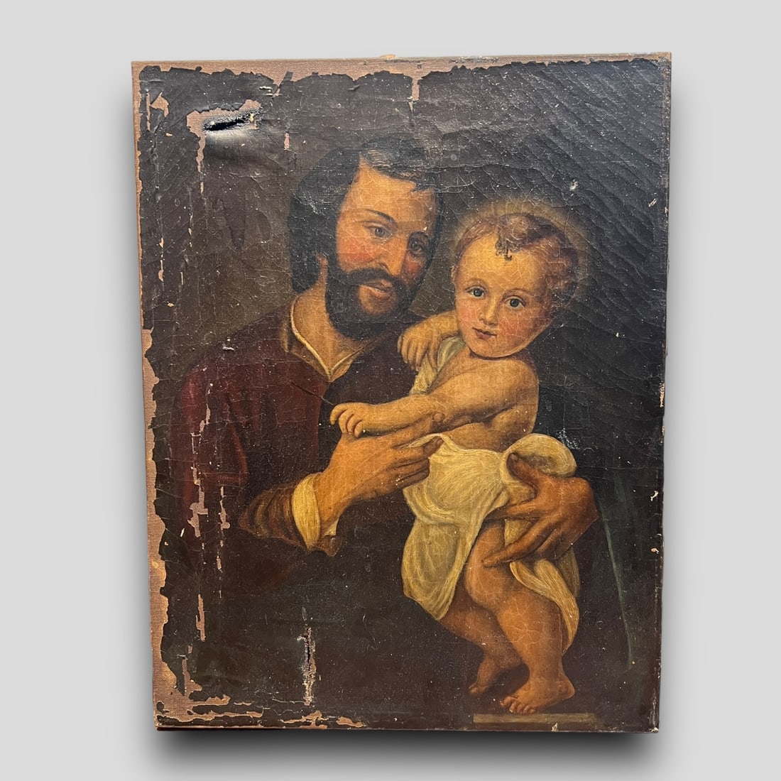 Antique Religious Icon St. Joseph With Jesus Oil Painting on Canvas (1 of 5)