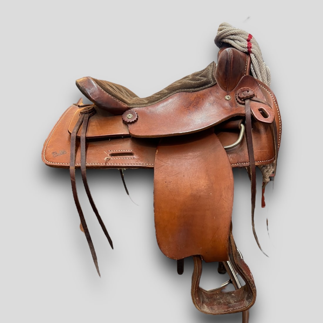 Vintage Leather Horse Riding Saddle 'The American 315' B.J.S.: Vintage Leather Horse Riding Saddle 'The American 315' B.J.S.. The American. 315' on the side. B.J.S. carved into the leather.