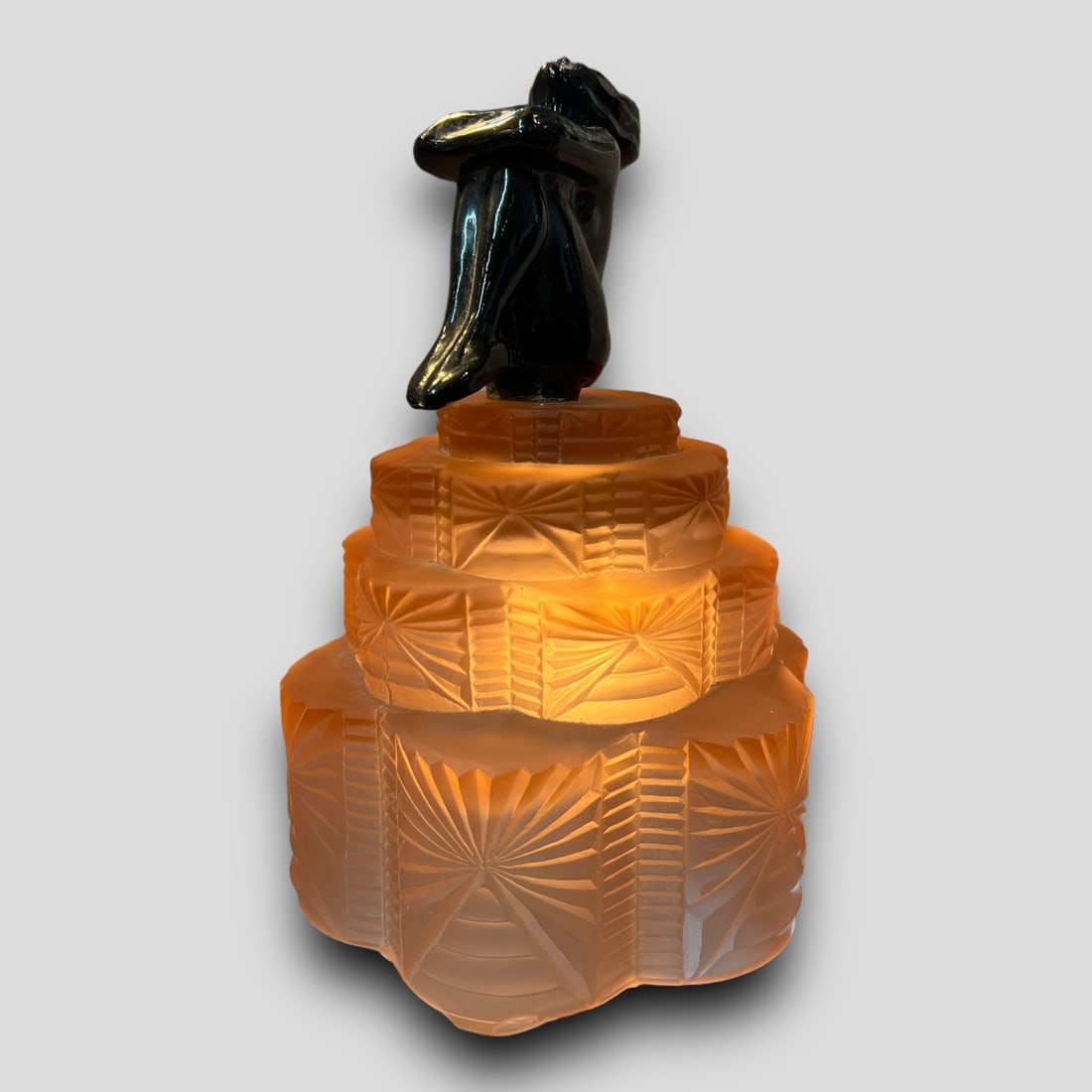 Vintage Art Deco Sasparilla Peach Pink Lamp: Vintage Art Deco style Sasparilla Peach Pink Lamp. Marked 'Sasparilla. Deco. Designs.' on the peach pink colored shade. Nude woman on top of shade.