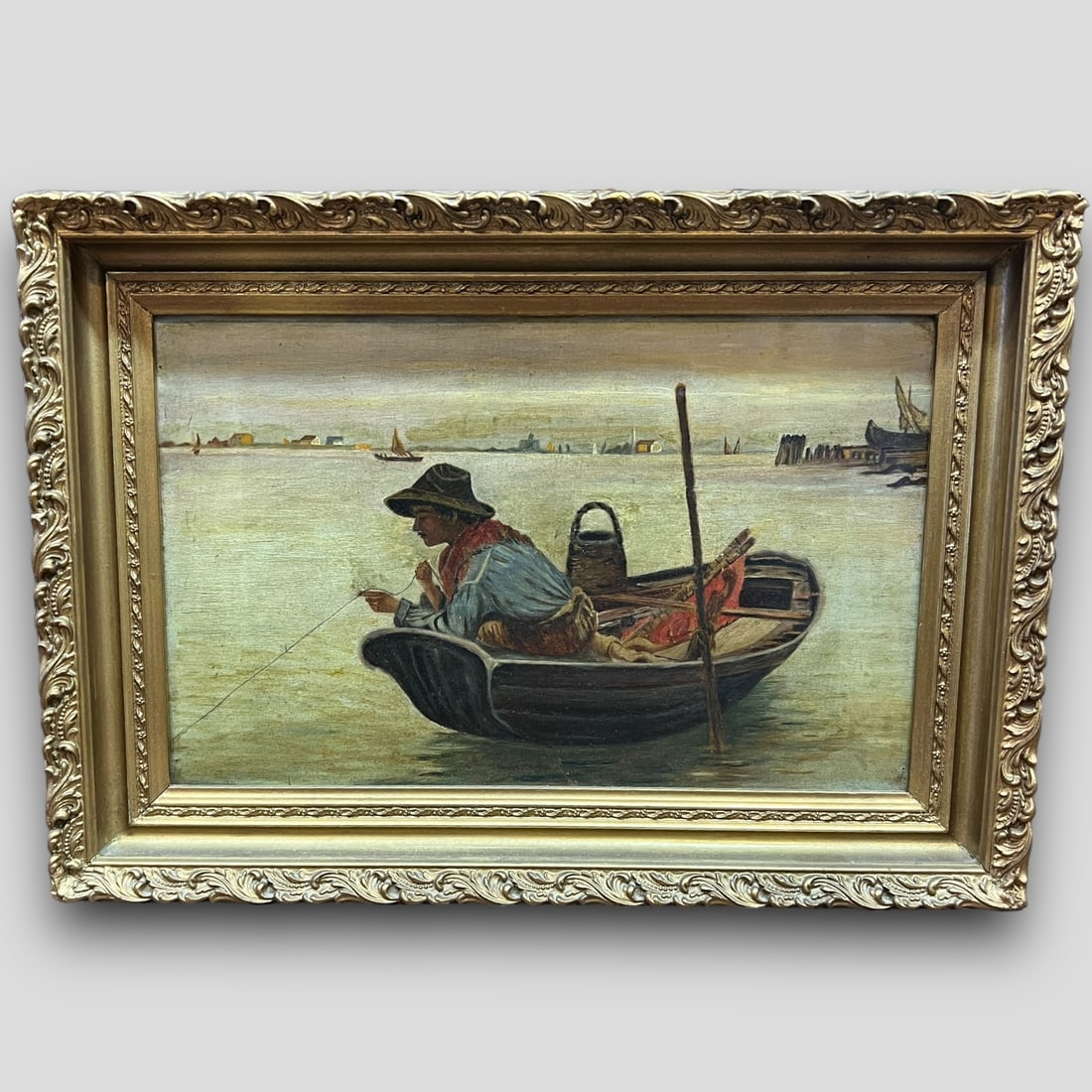Antique Unsigned Oil Painting on Canvas Boy Fishing in Boat Framed (1 of 4)