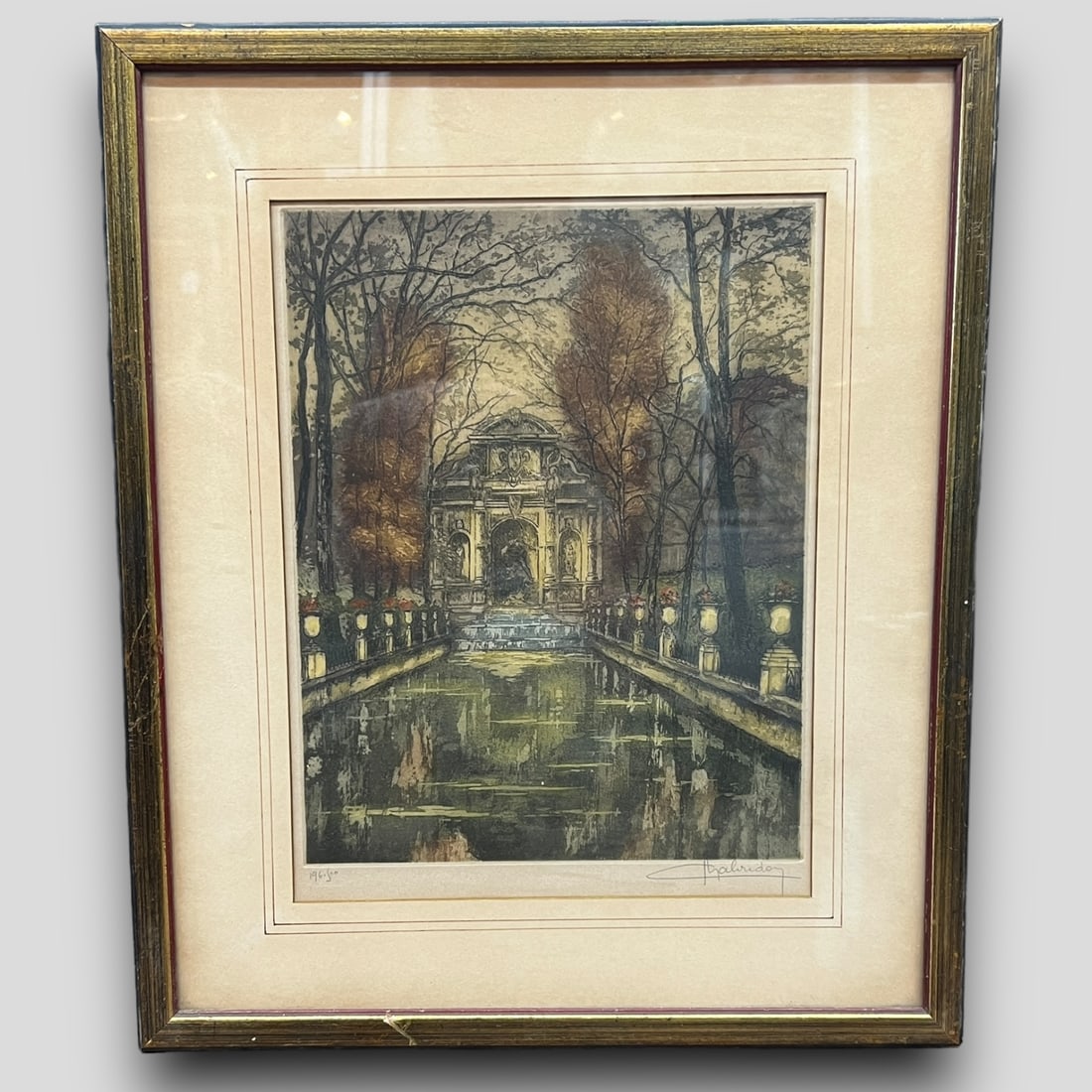 Antique Framed Colored Etching Street Scene of Medici Fountain Paris France (1 of 6)
