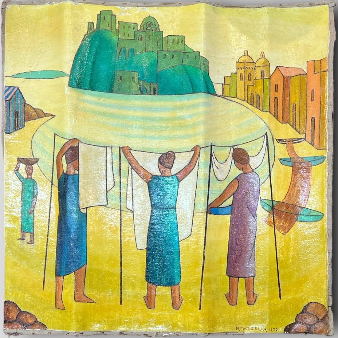 Mario Mazzella (Italian, 1923-2008) Oil on Canvas Painting 1970: Mario Mazzella (Italian, 1923-2008) Oil on Canvas Painting 1970. Signed on bottom: M. Mazzella - 1970. This piece is not framed. Depicts woman putting laundry on a clothesline.