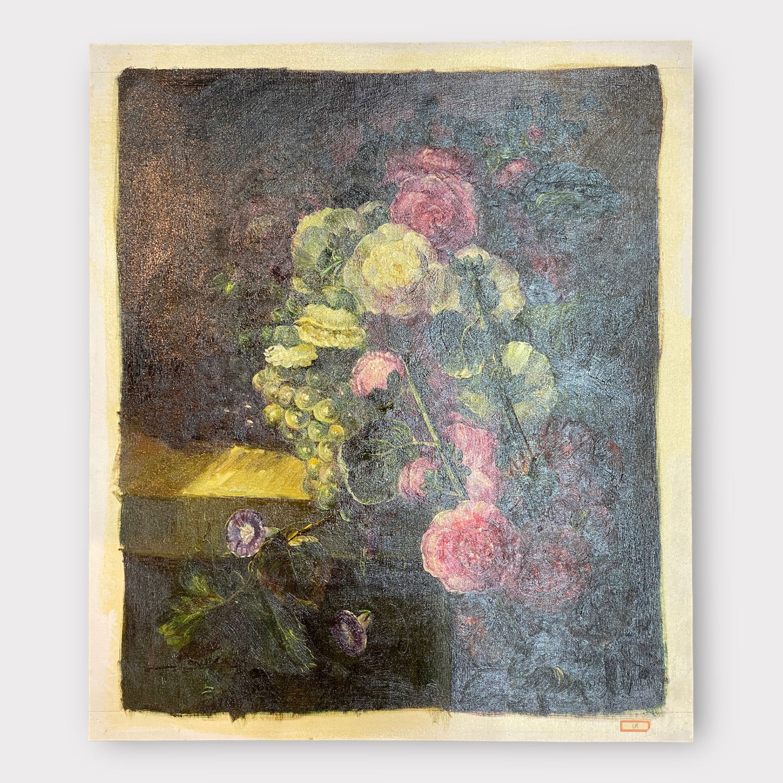 Illegibly Signed Still Life Floral Grapes Oil Painting on Canvas Unstretched (1 of 3)